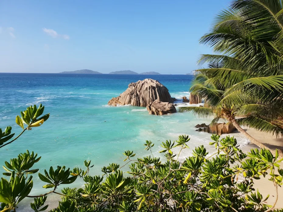 Blocs de granit rose-gris émergeant des eaux turquoise peu profondes de l'Anse Source d'Argent, à La Digue, aux Seychelles